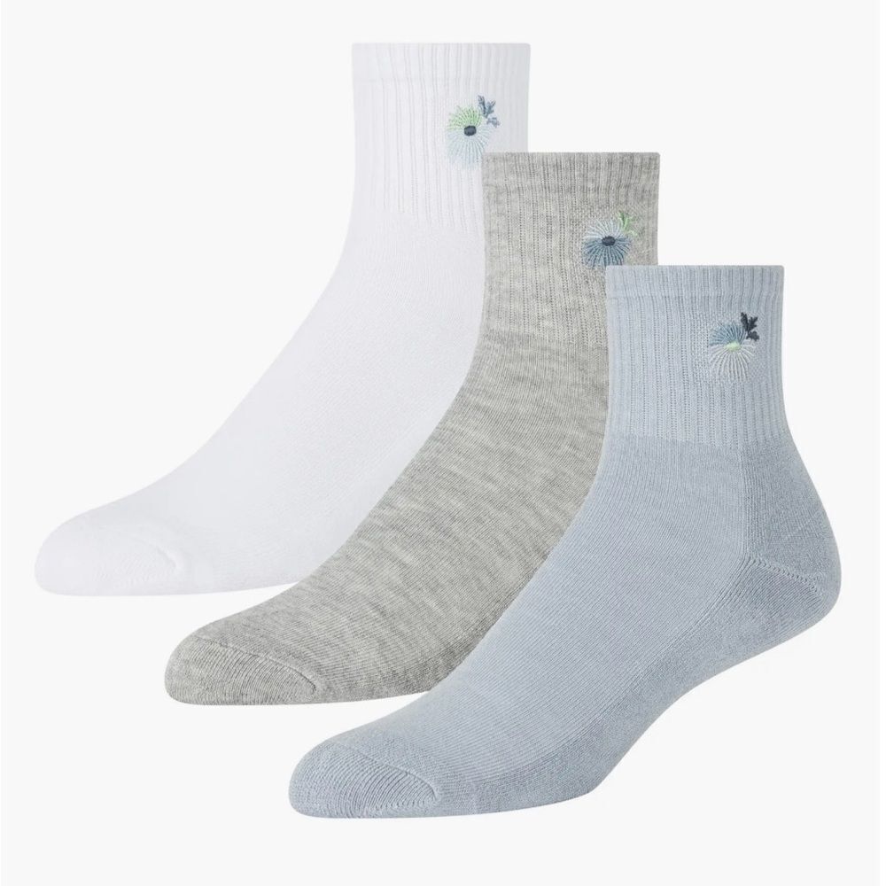 Ted Baker Blue Gray White High Quarter Crew Floral Embroidery Stretch Socks 3pk